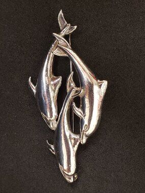 Vintage Sterling Silver 3D Three Dolphin Swimming Ocean Estate Pin Brooch